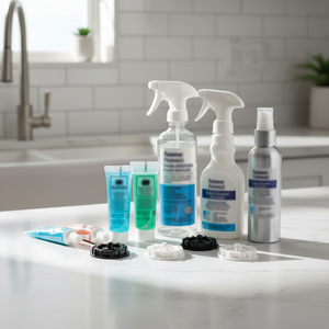 Various best ant killer products including gels, baits, and traps displayed on a clean kitchen counter