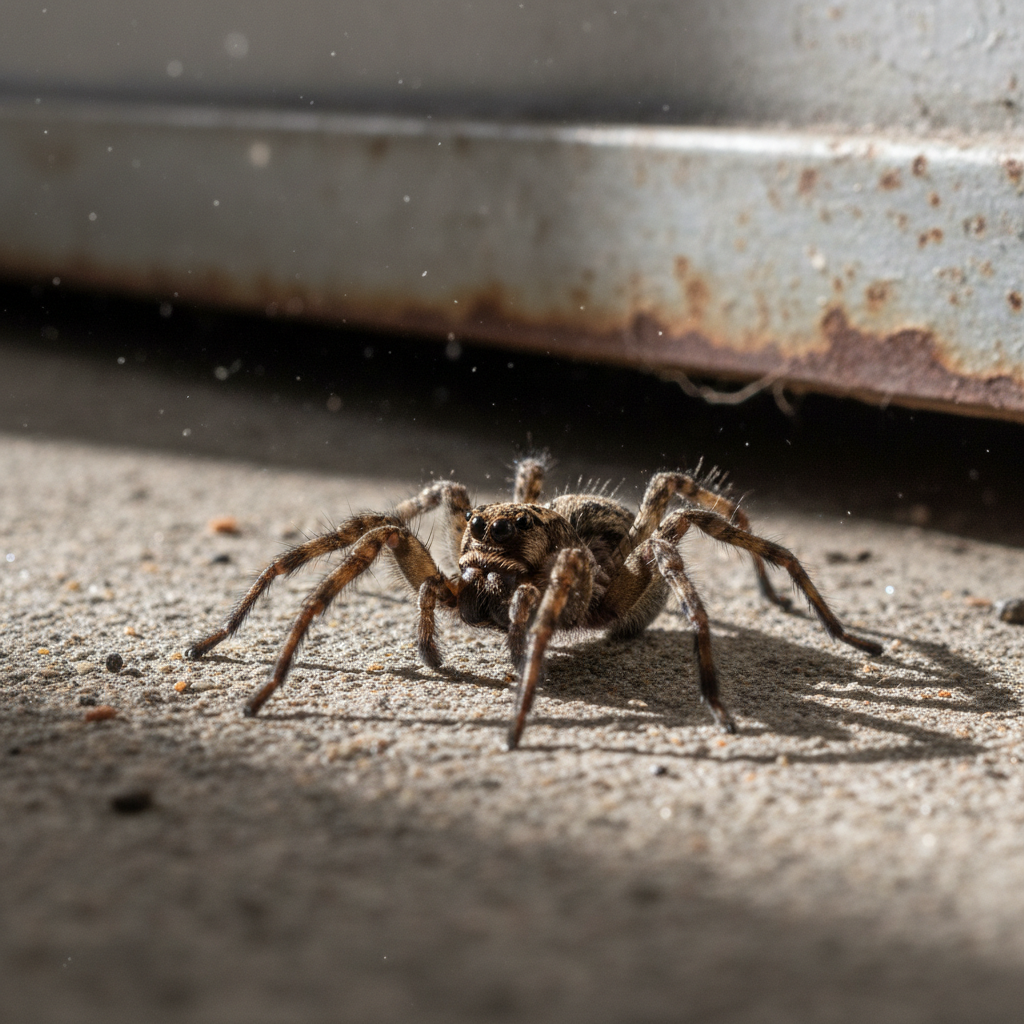Close-up of a large wolf spider on a garage concrete floor showing mottled brown coloring and eight eyes