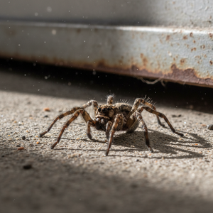 Close-up of a large wolf spider on a garage concrete floor showing mottled brown coloring and eight eyes