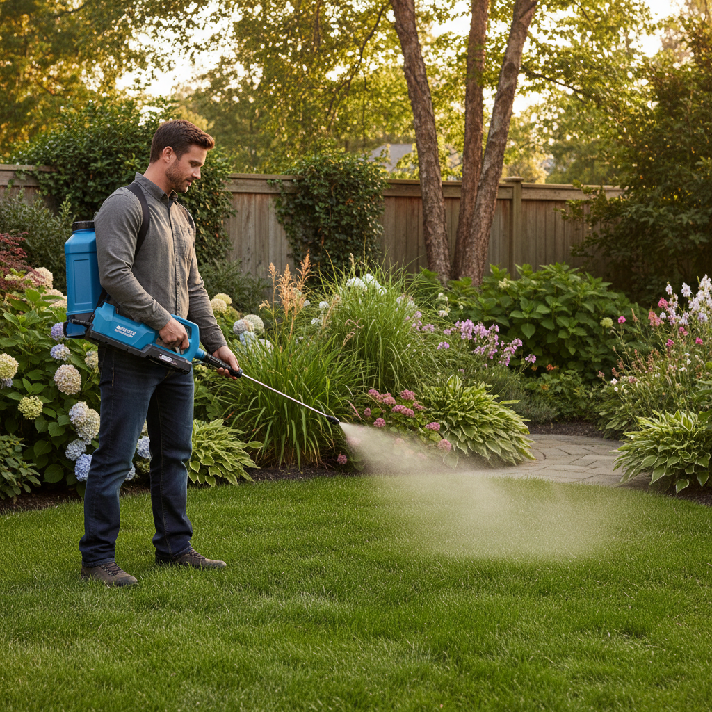 Homeowner spraying backyard lawn for mosquitoes with a battery-powered sprayer