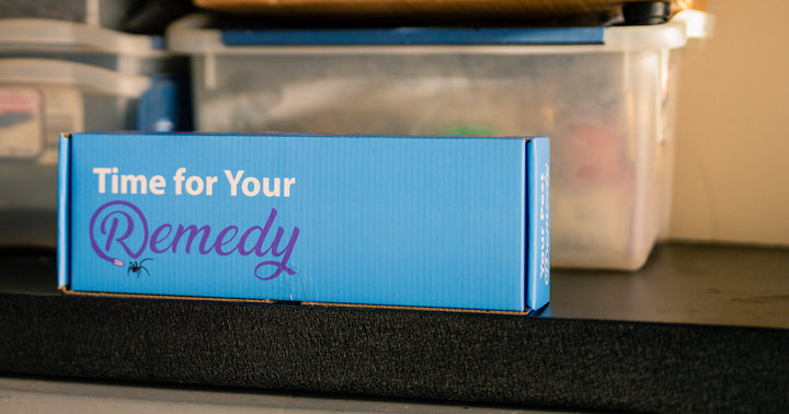 Remedy DIY Pest Control shipping box displayed on shelf in garage